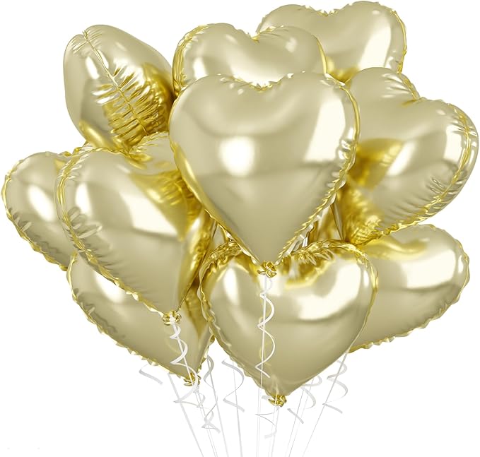 Pastel Gold Heart Balloons - 18 Inch Foil, 10 Pcs Love Balloons for Valentines Day, Birthday, Wedding, Bridal, Baby Shower Decorations