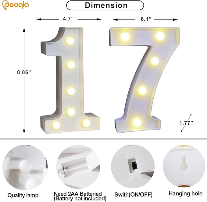 Pooqla Decorative LED Light Up Number Letters, White Plastic Marquee Number Lights Sign for Wedding Decor, Battery Operated (17)