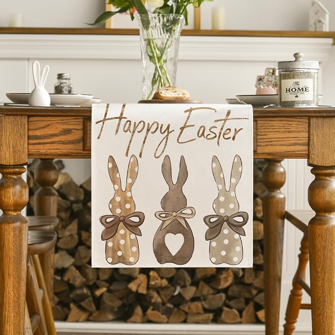 Artoid Mode Carrots Rabbit Bunny Happy Easter Table Runner, Spring Summer Seasonal Holiday Kitchen Dining Table Decoration for Indoor Outdoor Home Party Decor 13 x 48 Inch