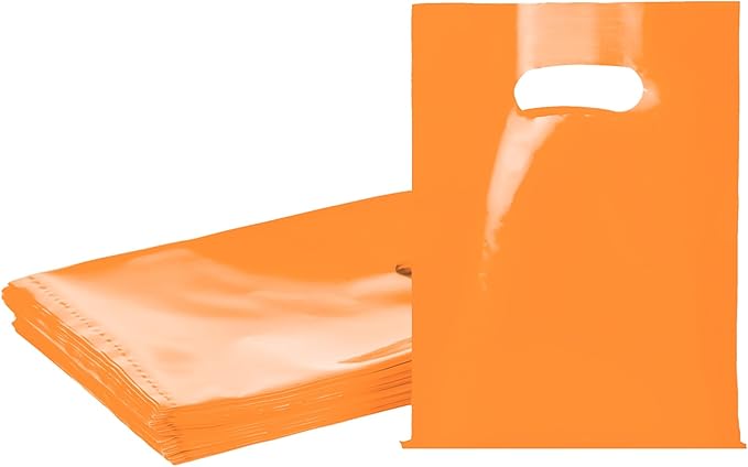Orange 100 PCS Small Gift Bags, 6"x8" Goodie Party Favor Bags with Handle, Treat Retail Pouches for Kids Birthday, Christmas, Small Business