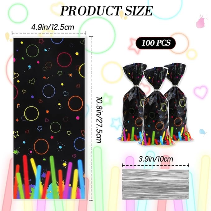 Neon Cellophane Treat Bags, 100 Pcs Neon Candy Goodie Gift Wrap Bags for Party Favors, Plastic Colorful Cookie Snack Bag with Twist Ties for Kids Birthday Halloween Party Favors Decorations Supplies