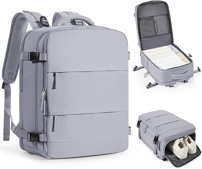 Grey Travel Backpack - Carry On Flight Approved Mochila De Viaje Personal Item - Large Backpack for Men & Women - 18x14x8 Inches