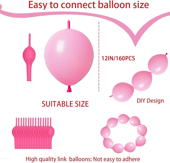 Link Balloons Pink 12 Inch Latex Quick Linkale Balloon 160 Pcs for Birthday, Halloween, Christmas, Party Festival Decorations