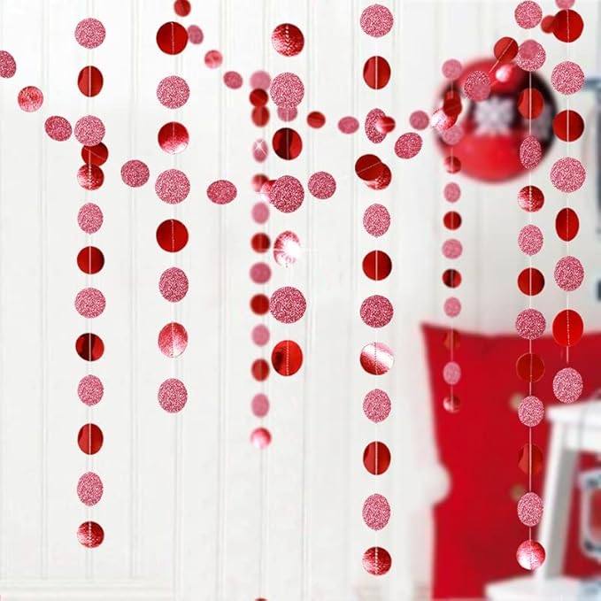 JEYE Red Circle Dots Party Garland Decoration Metallic Hanging Streamer Bunting Banner Backdrop Decor for Baby Shower Birthday Wedding Thanksgiving Christmas Party Decor, Pack of 2, 26 Feet in Total