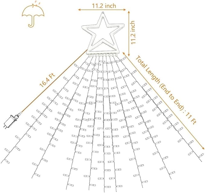 Outdoor Christmas Star String Lights, 320 LED 11.5 ft Waterfall Tree Lights with 8 Lighting Modes for Indoor/Outdoor Yard, Home, Festival, Party, Xmas, New Year Decor