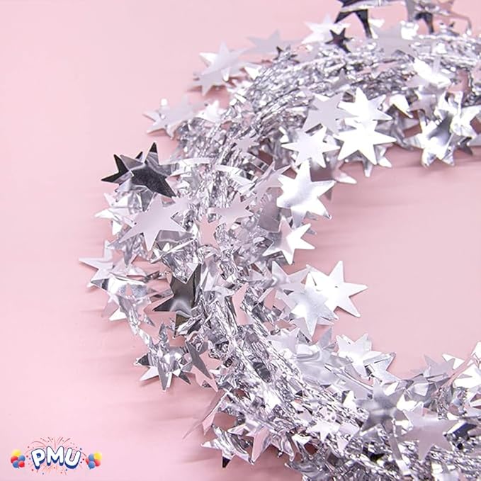 PMU 300 Ft Star Wire Shiny Garland Silver - Halloween, Christmas Party, Wedding, Birthday, Festive Home Decoration Ornament Silver (12pc-25Ft Each)