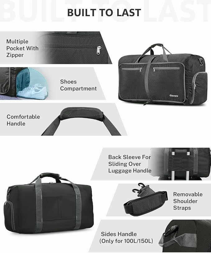Gonex 40L 60L 80L 100L 150L Large Foldable Travel Duffle Bag with Shoes Compartment, Packable Lightweight Water Repellent Duffel Bag for Camping Gym Weekender Bag