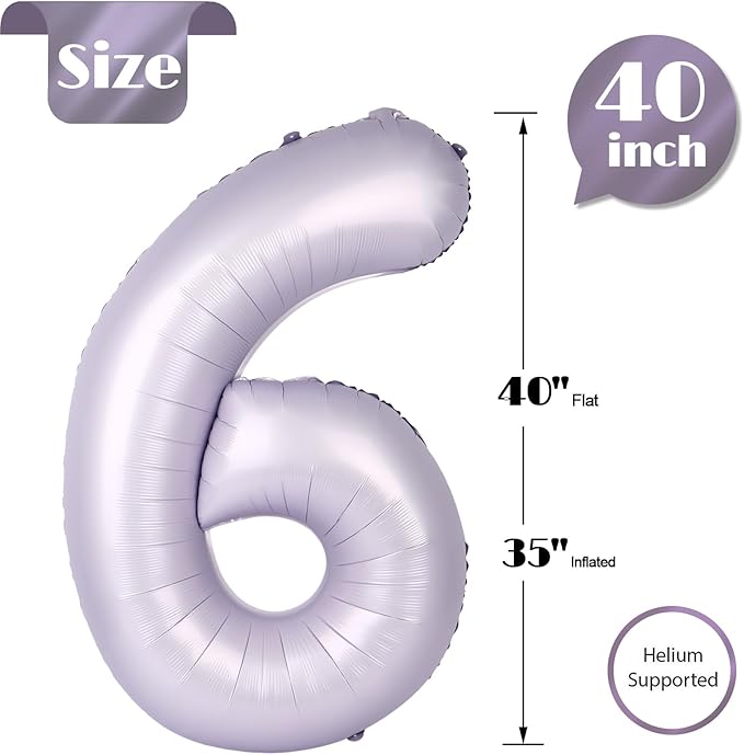 Lilac Number 6 Balloon 40 Inch, Lavender 6 Balloon Number, 6th Birthday Decorations, Lilac Mauve Party Supplies for Boys Girls
