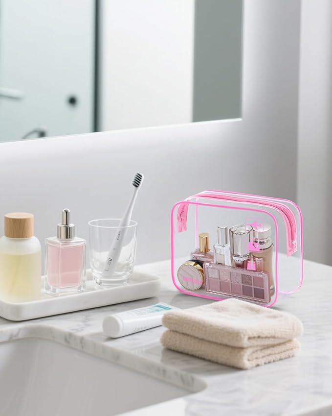 WANDF TSA Approved Toiletry Bag, 2 Packs Travel Clear Toiletry Bag, Quart Size Makeup Cosmetic Pouch with Zipper, Carry-On Airport Compliant Bag for Women and Men (2pcs Pink)