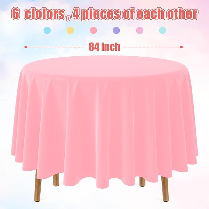 24Pack Round Pastel Color Tablecloths,Plastic Pastel Rainbow Tablecloth Disposable Round Table Covers for Baby Shower, Wedding,Girls Birthday Party and Ice Cream Party Decoration,6Color, 84 Inch