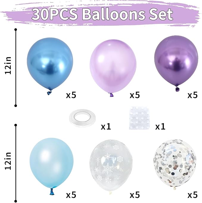 Snow Balloons Set, Pearl Purple Blue Metallic Purple Blue Snowflake Latex Balloon with Silver Confetti Balloons for Winter Wonderland Christmas Princess Girl Birthday Baby Shower Party Decor