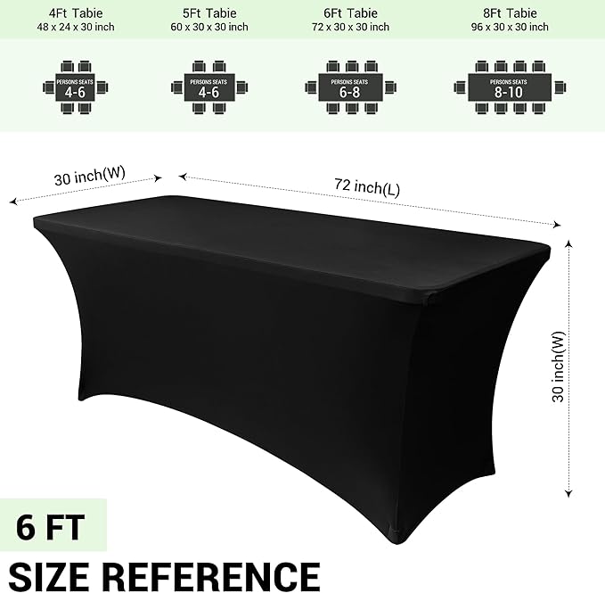 Obstal 6ft Stretch Spandex Table Cover - 4 Pack Universal Rectangular Fitted Tablecloth Protector for Wedding, Banquet and Party, Black
