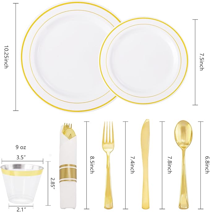 WELLIFE 210 Piece Gold Plastic Dinnerware Set, Include: 30 Dinner Plates, 30 Dessert Plates, 30 Pre Rolled Napkins with Silverware and 30 Cups