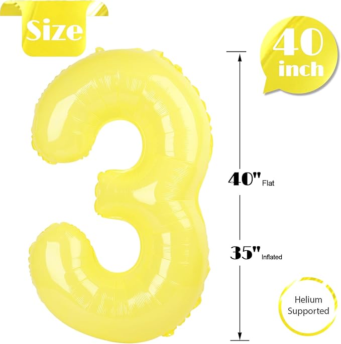 Yellow Number 3 Balloon 40 Inch, 3 Balloon Number, 3rd Birthday Decorations, Yellow Party Supplies for Boys Girls