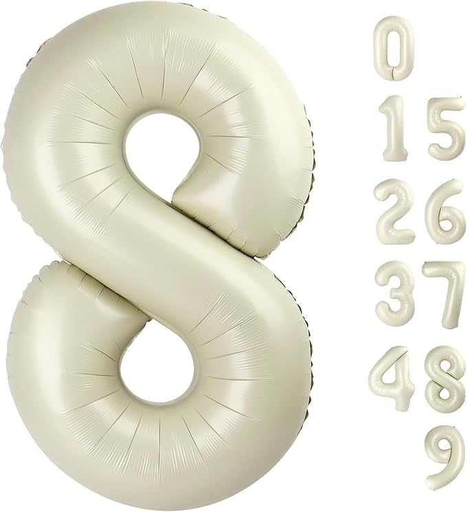 40 Inch Number 8 Balloon, Cream White 8 18 28 80 Birthday Balloons for Men Boys, 8th Birthday Decorations Party Supplies, Wedding, Graduations