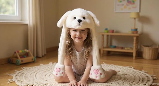 Animal Hat with Ears Moving Jumping Pop Up Beating Hat Plush Holiday Cosplay Dress Up Funny Gift for Kids