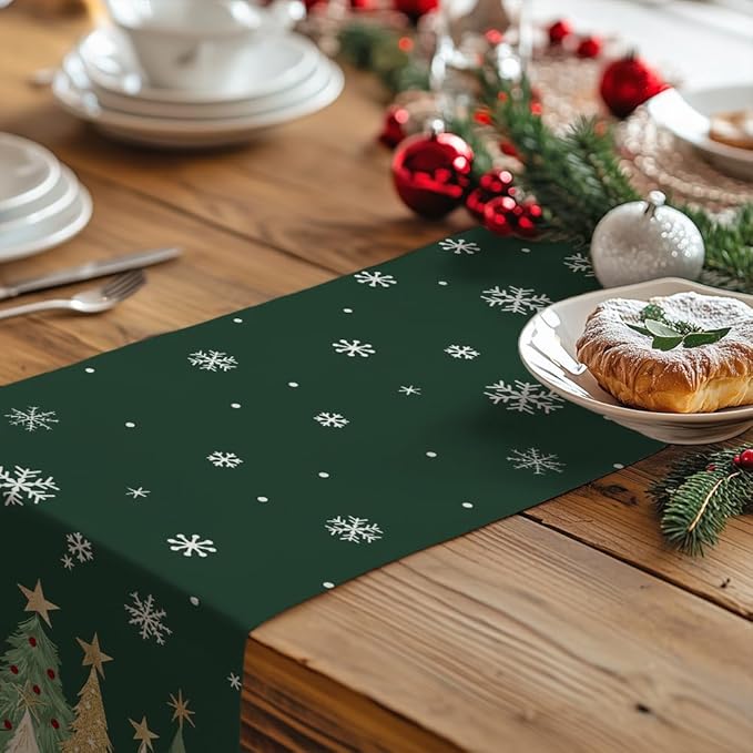GEEORY Christmas Table Runner 13x120 Inch, Xmas Trees Snowflakes Holiday Decorative Farmhouse Table Decoration for Kitchen Dinning, Indoor Outdoor Dinner Party Decor (Green) GT152-120