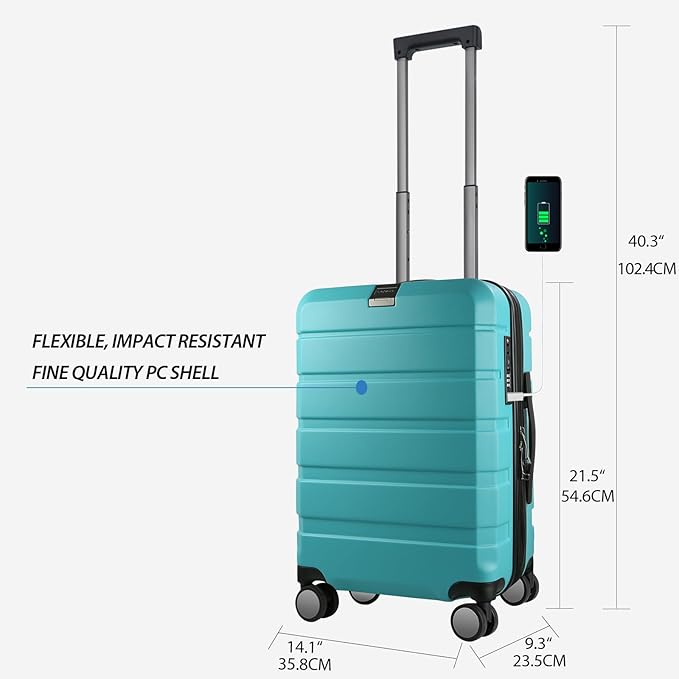 KROSER Hardside Expandable Carry On Luggage with Spinner Wheels & Built-in TSA Lock, Durable Suitcase Rolling Luggage with USB Port, Carry-On 20-Inch, Lake Blue
