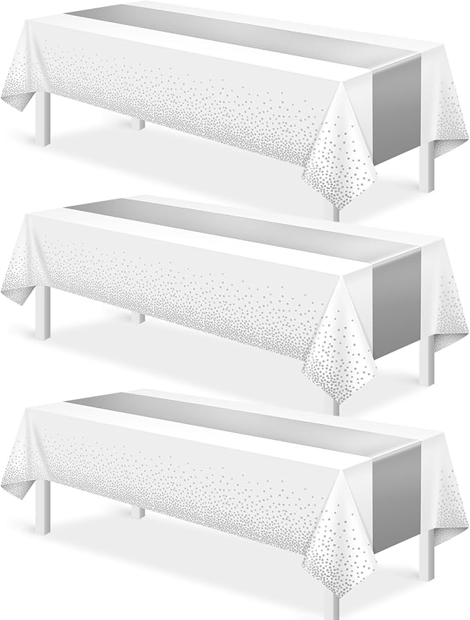3Pcs White and Silver Tablecloth Party Decorations,Plastic White Table Cloth Printed Silver Runner Disposable Rectangle Table Cover for Birthday Wedding Anniversary Graduation Party,54 x108 Inch