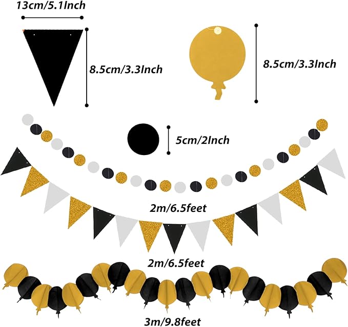 ZERODECO Party Decorations, 41 Pcs Black and Gold Papar Fans Pompoms Garlands String Tissue Paper Tassel for Graduation Congrats Grad New Years Wedding Birthday Party