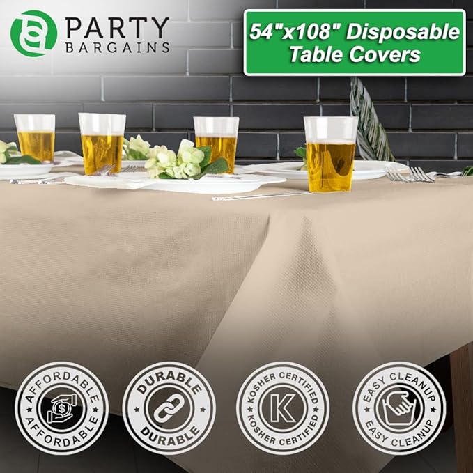 PARTY BARGAINS Disposable Table Covers, 54 x 108 Inch, Ivory, 3-Ply Paper & Plastic Spill-Resistant Party Tablecloths, 10 Pack