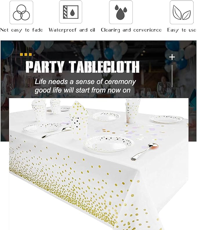 Yancorp 4 Pack White and Gold Tablecloth Disposable Gold Tablecloths for Rectangle 54" x 108" Plastic Tablecloth Party Table Covers for Birthday Thanksgiving Christmas Wedding Outdoor BBQ (White)