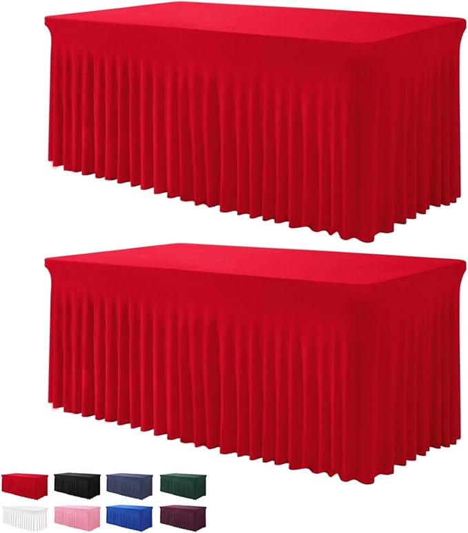 Table Skirts for Rectangle Tables 8ft - 2 Pack One-Piece Red Tablecloths and Skirt, Wrinkle Resistant Ruffles Elastic Cover for Banquets, Weddings, Events, Parties