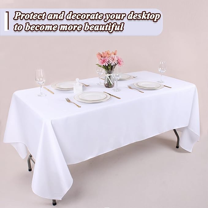 Kesfey 4 Packs White Polyester Table Cloth 60 x102 inch Washable Wrinkle Resistant Tablecloths Fabric Table Covers for 6 Foot Rectangle Tables High Density Banquet Tablecloth for Wedding Celebration