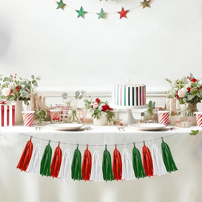 Red White Green Christmas Decorations - 15pcs Tissue Paper Tassel Garland Birthday Christmas Party Decorations for Home Indoor Outdoor Hanging Decor HongTongTong