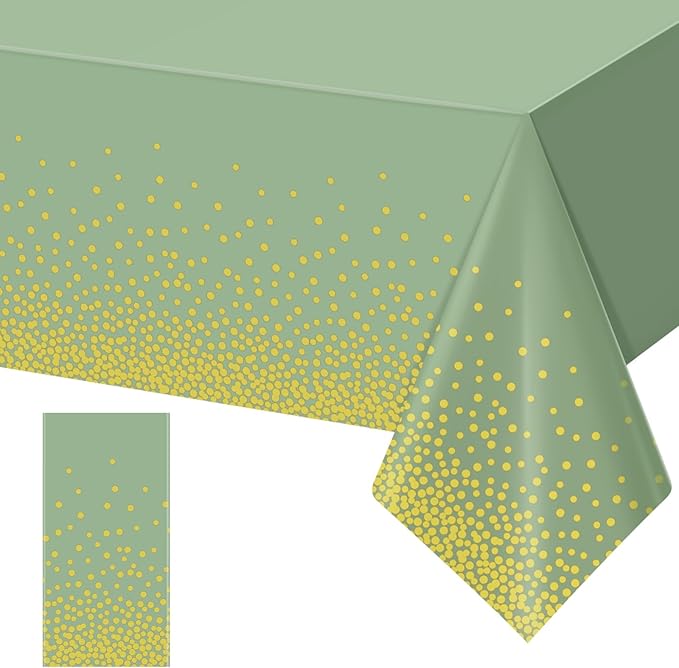 FunnyPars 1 Pack Sage Green and Gold Plastic Tablecloth, Green Disposable Table Cloth for Rectangle Tables, Gold Dot Light Green Tablecloth for Baby Shower Birthday Wedding Party Decorations, 54"x108"