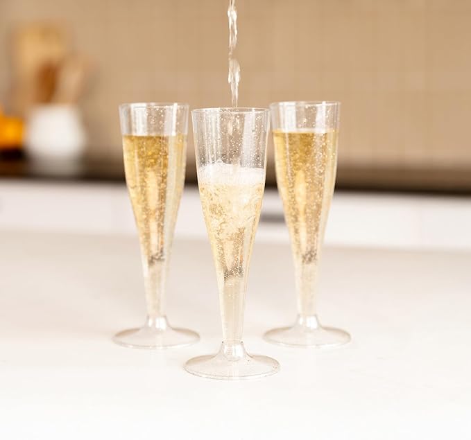 Prestee 200 Disposable Champagne Flutes Plastic 200 Pack - Silver Glitter Champagne Flutes for Weddings, Parties, and New Year’s Eve - 4.5 Oz Plastic Silver Party Glasses