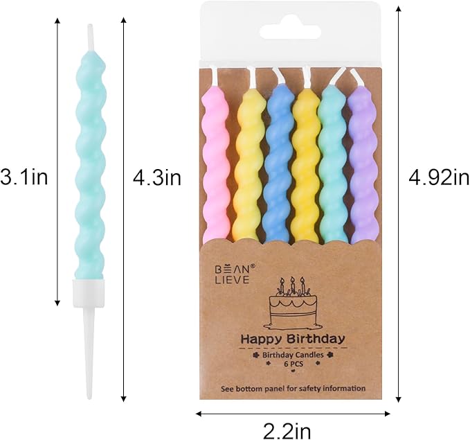 BEAN LIEVE 24-Count Birthday Candles - Rainbow Birthday Candle with Holders Colorful Spiral Long Cake Candles for Birthday Wedding & Lucky Party Cake Decorations
