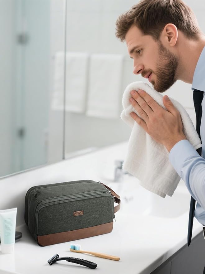 WANDF Toiletry Bag for Men Travel Toiletry Organizer Canvas and Leather Dopp Kit Water-Resistant Shaving Bag for Travel Accessories (Green, Large)