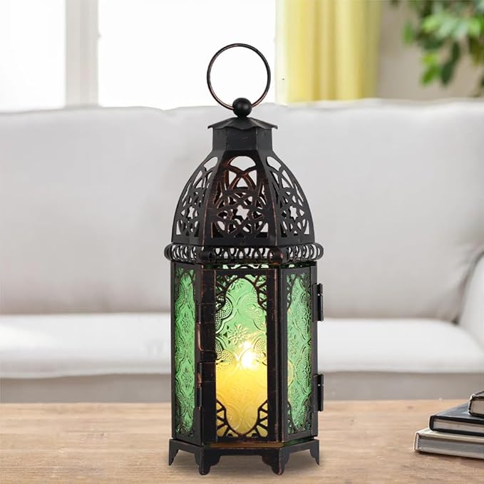 NEEDOMO Hanging Moroccan Lantern, 11'' Vintage Candle Holder, Metal Lanterns Decorative Indoor Outdoor, Table, Patio, Porch, Shelf, Gothic Home Decor (Green, Medium Size)