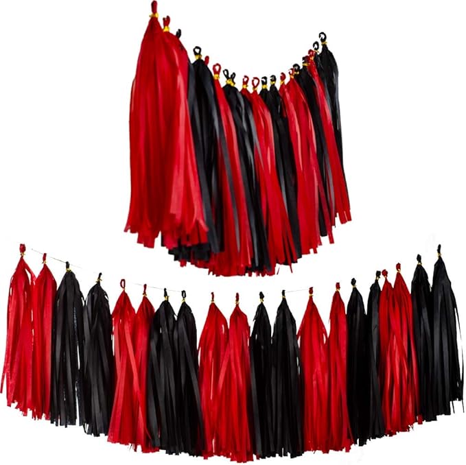 Aimto 20pcs Black and Red Shiny Tassel Garland Banner Tissue Paper Tassels for Party Decorations