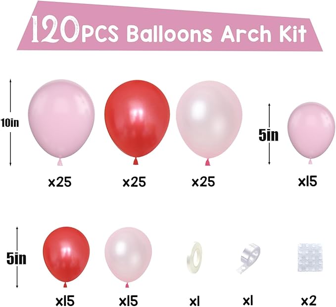 Red and Pink Balloon Arch Kit, 120Pcs Pastel Pink and Red Balloon Garland Kit Pearl Pink Party Balloons Latex Balloons for Valentines Day Decorations Birthday Baby Shower Wedding