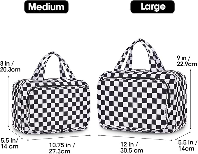 Narwey Travel Toiletry Bag for Women Large Hanging Makeup Bag Organizer Toiletries Bag for Full Size Essentials Accessories Cosmetics (Black Checkerboard (Large))