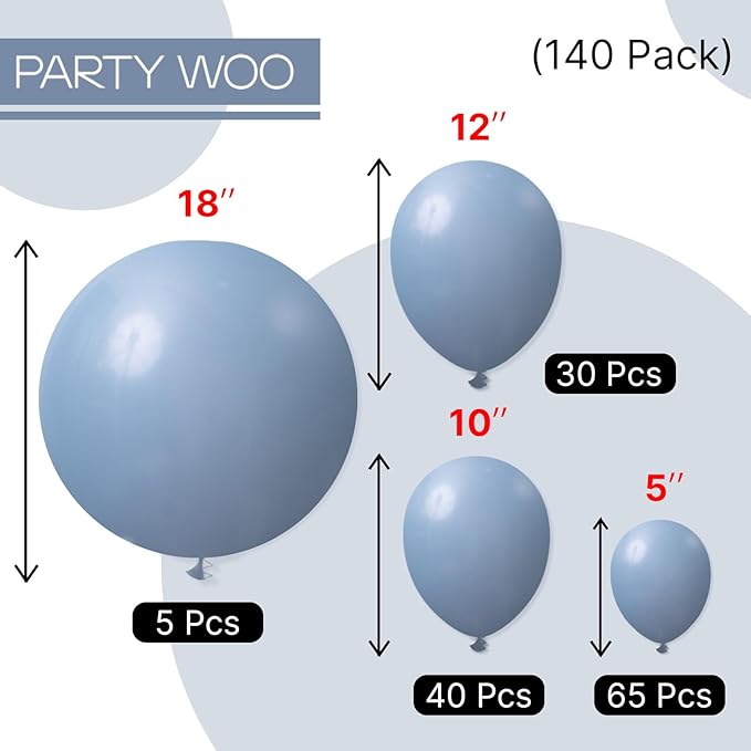 PartyWoo Dusty Blue Balloons 140pcs Different Sizes Pack of 18 12 10 5 Inch Slate Blue Boho Neutral Balloon Arch Kit for Baby Shower Graduation Cat Tornado Birthday Party Decorations Blue-F55