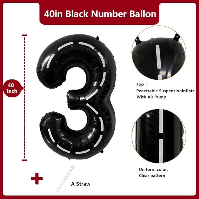 40 Inch Race Car Black Number Balloons Race Car Birthday Party Balloons Large Black Number 3 Balloons Boys 3rd Birthday Party Race Car Theme Party Decorations Supplies（Digital 3）