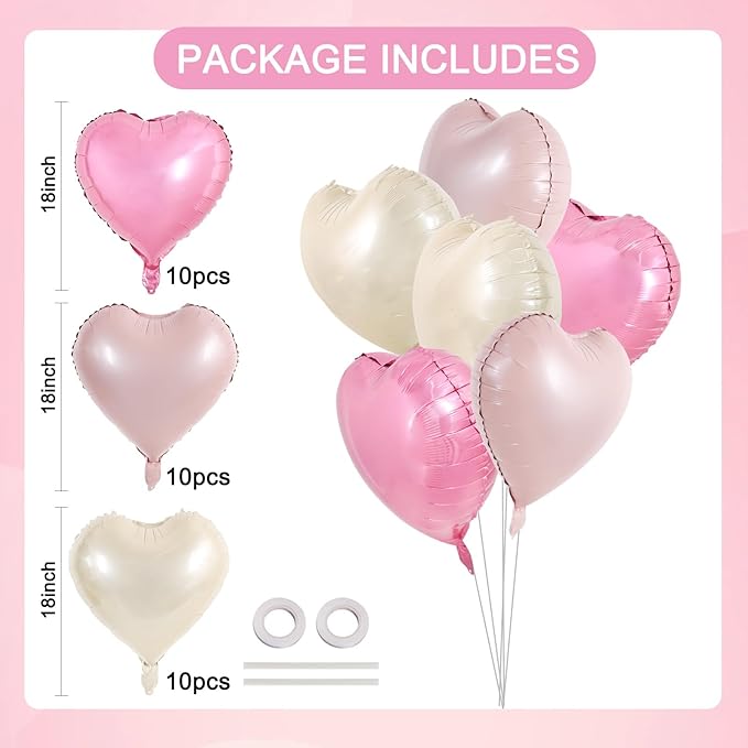 TONIFUL 30Pcs 18 Inch Heart Balloons Pastel Pink Cream White Pink Valentine’s Day Heart Shape Foil Mylar Balloons Decoration for Valentine's Day Wedding Bridal Shower Anniversary Engagement Party