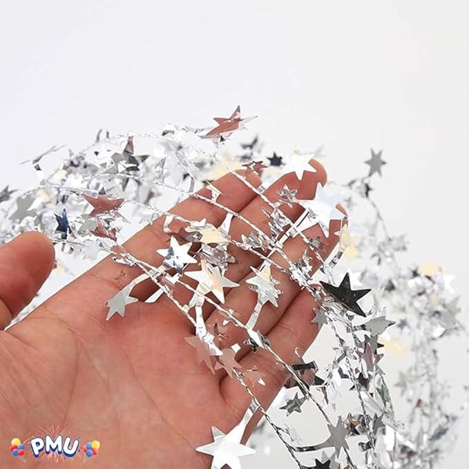 PMU 150 Ft Star Wire Shiny Garland Silver - Halloween, Christmas Party, Wedding, Birthday, Festive Home Decoration Ornament Silver (6pc-25Ft Each)