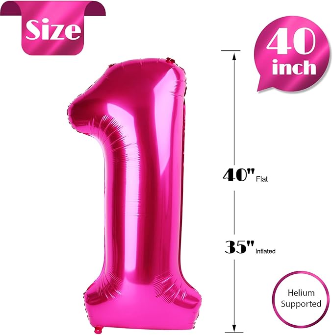 Hot Pink Number 1 Balloon for First Birthday 40 Inch, 1st One Number Balloons Birthday Decorations for Girl Boy Toddler Baby