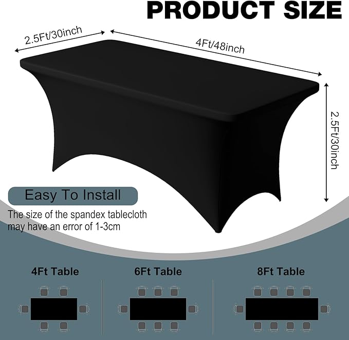 Trlyc 2 Pack 4FT Spandex Table Cloth - 48 x 30 Inch Rectangular Stretch Tablecloth, Wrinkle Resistant Scretch Table Cover for Wedding, Party, Banquet, Picnic, Outdoor Decoration (2Pcs,Black)