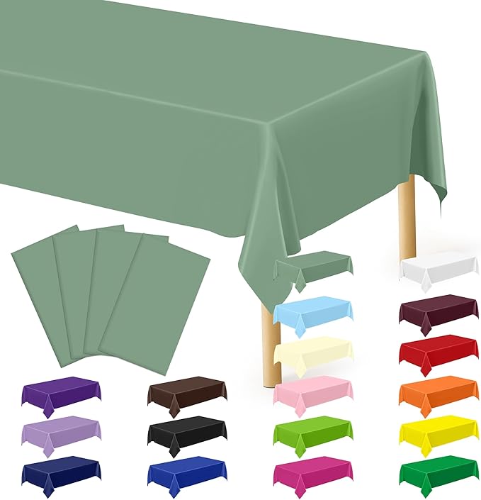 4 Pcs Picnic Table Cover, 54" X 108" Table Cloth Rectangle Table, Disposable Sagegreen Plastic Table Cover, Waterproof Tablecloths for Wedding, Baby Shower Decorations and Birthday Party Supplies