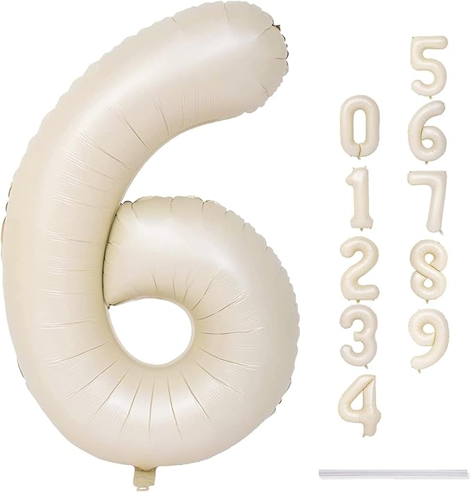 Cream Number Balloons, 40inch Large Beige Number 6 Foil Mylar Helium Balloons for Girls Women, Ivory White Self Inflating Number Balloons 0-9 for Men Boys Birthday Party Celebration Decoration