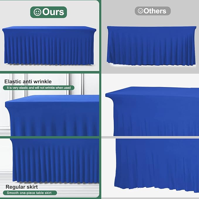 Table Skirts for Rectangle Tables 8ft - One-Piece Royal Blue Tablecloths and Skirt, Wrinkle Resistant Ruffles Elastic Cover for Banquets, Weddings, Events, Parties