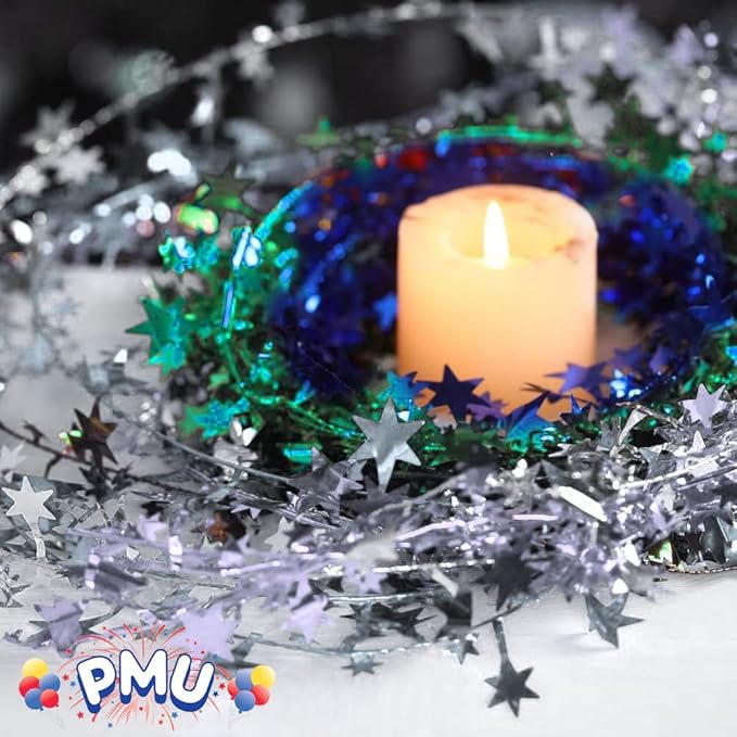PMU 75 Ft Star Wire Shiny Garland Silver - Halloween, Christmas Party, Wedding, Birthday, Festive Home Decoration Ornament Silver (3pc-25Ft Each)