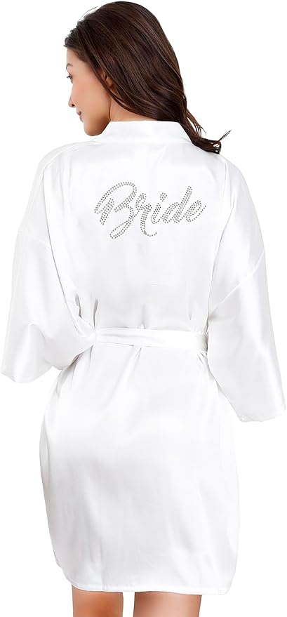 EPLAZA Women's One Size Silver Rhinestones Bride Bridesmaid Short Satin Robes for Wedding Party Getting Ready