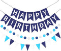 Blue Happy Birthday Banner, Happy Birthday Decorations Hanging Birthday Sign Circle Dot Triangle Bunting for Women Men Girl Boy Party Supplies