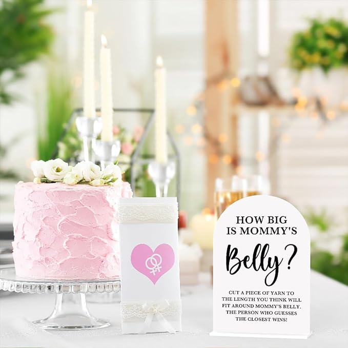 Baby in Bloom Shower Decorations, Baby Shower Sign, Newborn Gifts, Belly Game Signs, Modern Calligraphy Arched Acrylic Table Top Signs With Stand for Gender Reveal Party Decoration (White)